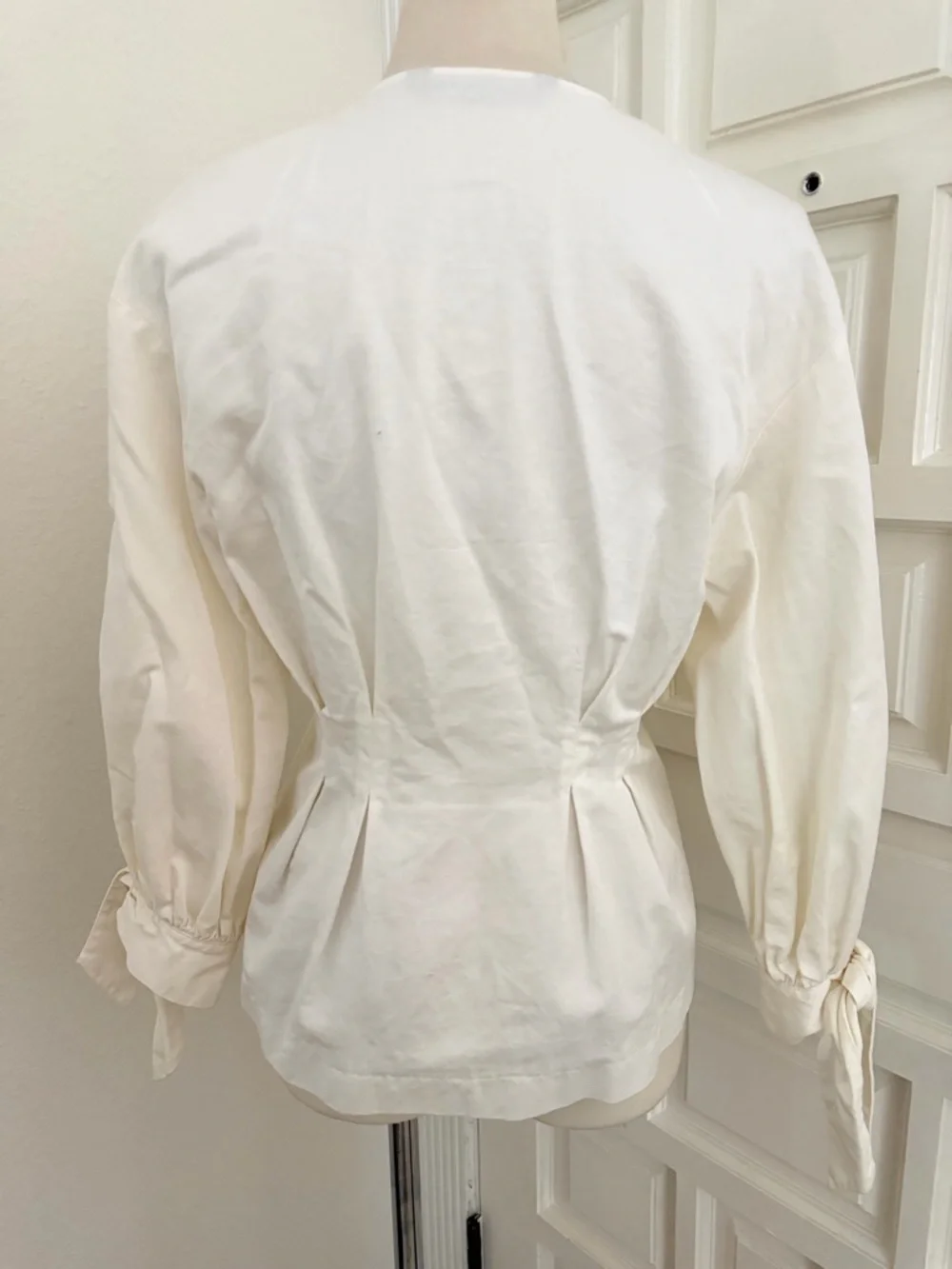 Zara Breathable Cotton Linen Blend Puff Sleeve Blouse w Bow Details Pleated XS